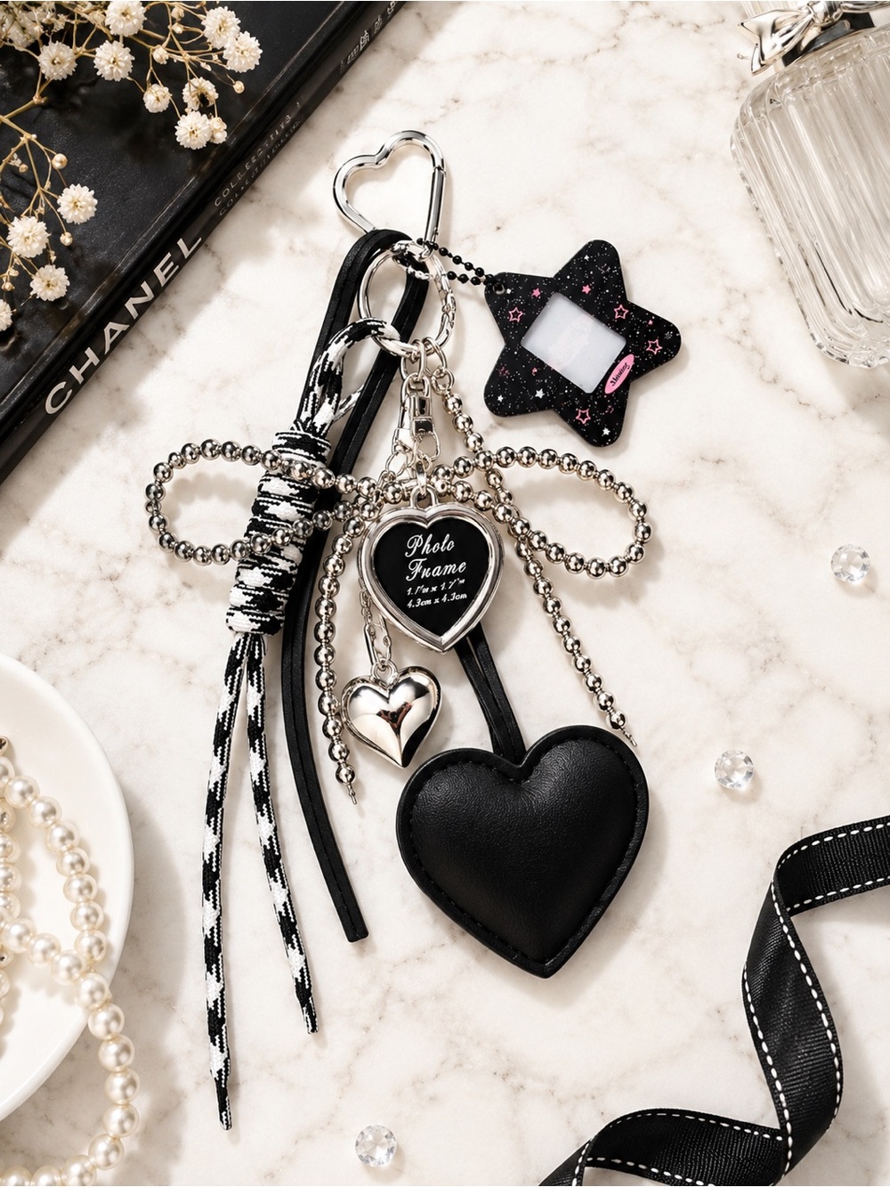 Noir Heritage Heart Cluster Bag Charm | Star Photo Frame Keychain